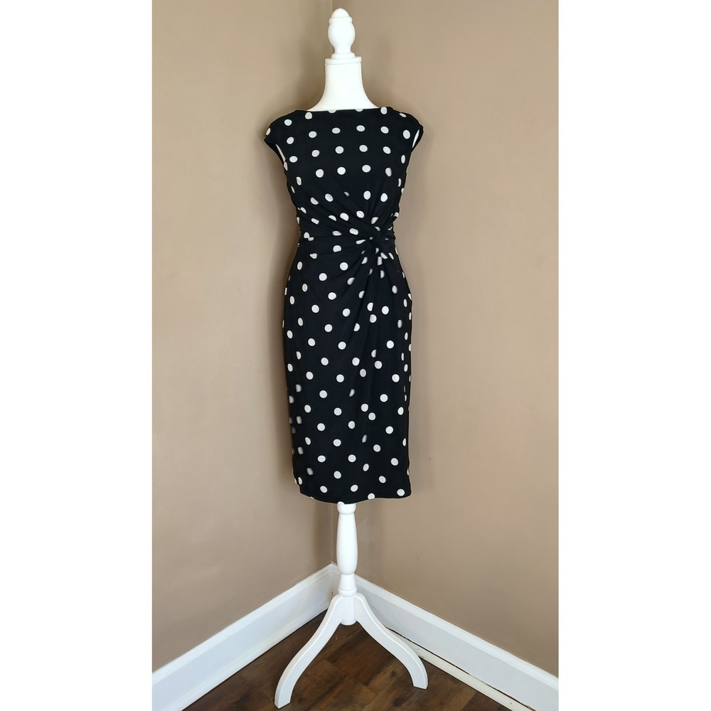 Lauren Ralph Lauren Black Polka Dot‎ Dress Womens 2 Ruched Lined Slimming Career
